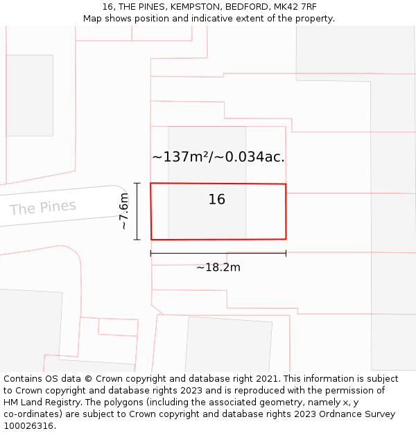16, THE PINES, KEMPSTON, BEDFORD, MK42 7RF: Plot and title map