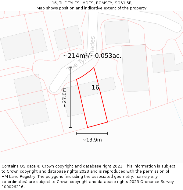 16, THE TYLESHADES, ROMSEY, SO51 5RJ: Plot and title map