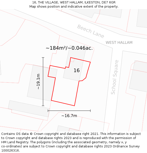 16, THE VILLAGE, WEST HALLAM, ILKESTON, DE7 6GR: Plot and title map