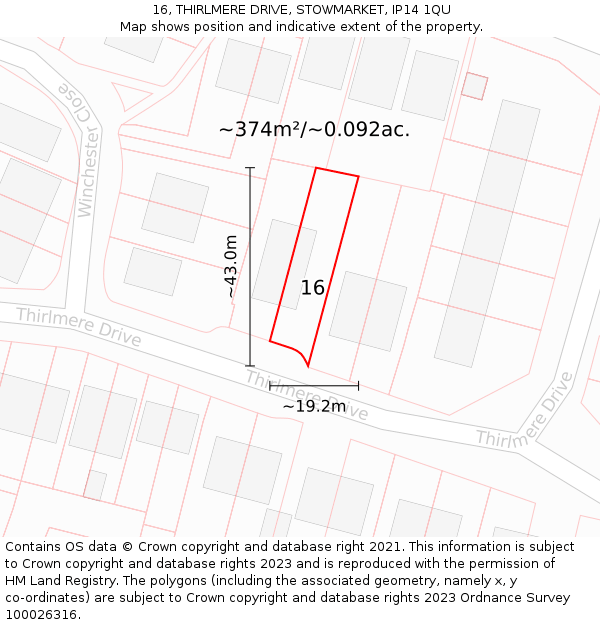 16, THIRLMERE DRIVE, STOWMARKET, IP14 1QU: Plot and title map