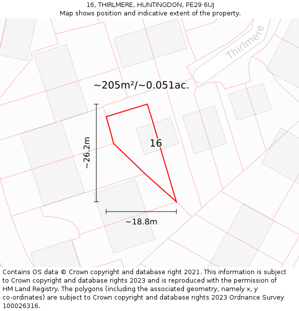 16, THIRLMERE, HUNTINGDON, PE29 6UJ: Plot and title map