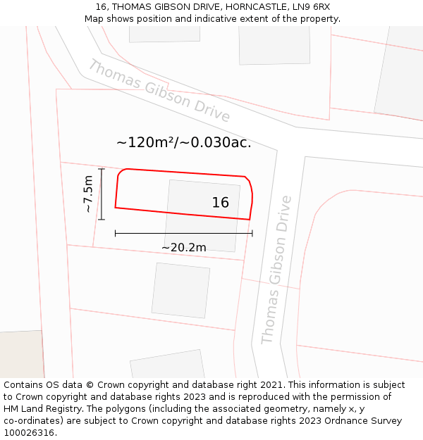 16, THOMAS GIBSON DRIVE, HORNCASTLE, LN9 6RX: Plot and title map