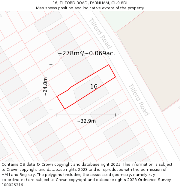 16, TILFORD ROAD, FARNHAM, GU9 8DL: Plot and title map