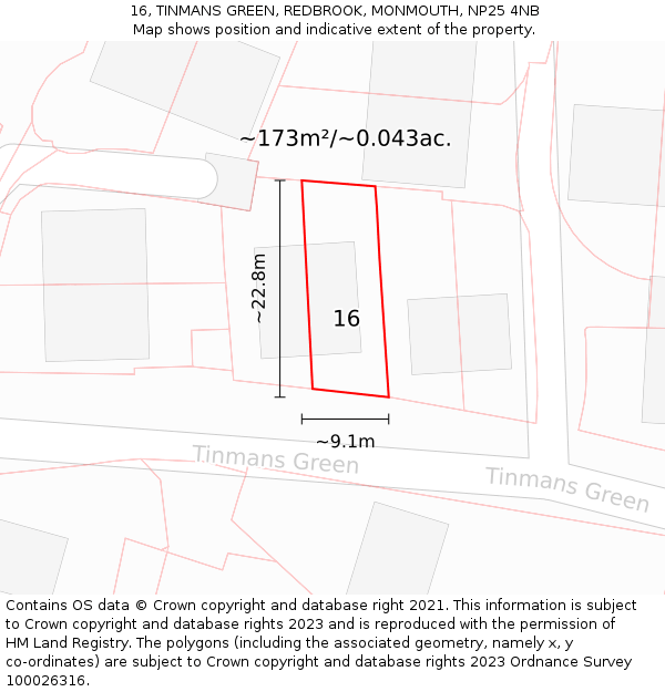 16, TINMANS GREEN, REDBROOK, MONMOUTH, NP25 4NB: Plot and title map