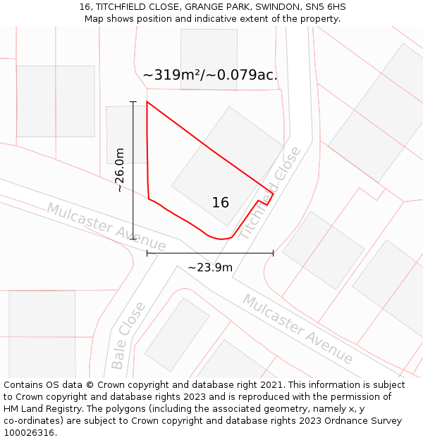 16, TITCHFIELD CLOSE, GRANGE PARK, SWINDON, SN5 6HS: Plot and title map