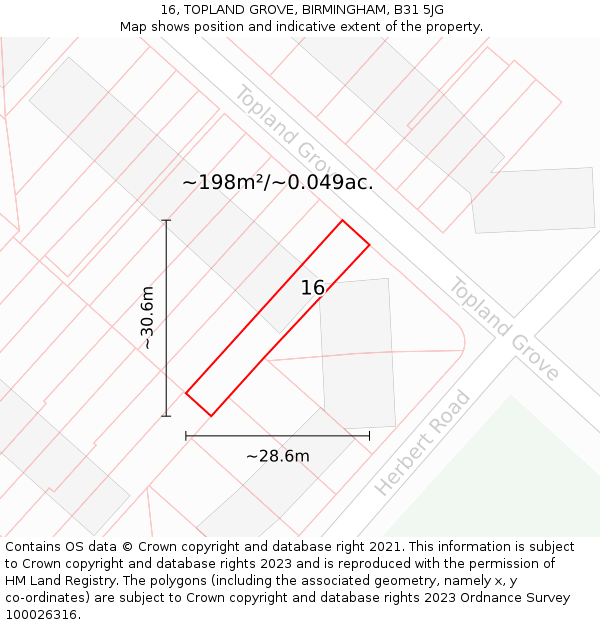 16, TOPLAND GROVE, BIRMINGHAM, B31 5JG: Plot and title map