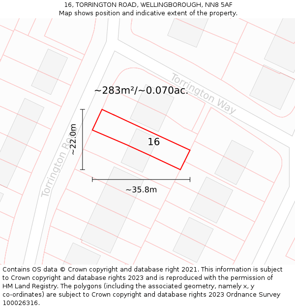 16, TORRINGTON ROAD, WELLINGBOROUGH, NN8 5AF: Plot and title map