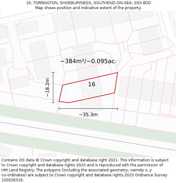 16, TORRINGTON, SHOEBURYNESS, SOUTHEND-ON-SEA, SS3 8DD: Plot and title map