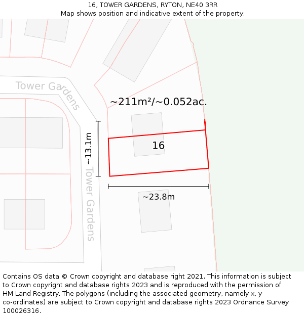 16, TOWER GARDENS, RYTON, NE40 3RR: Plot and title map