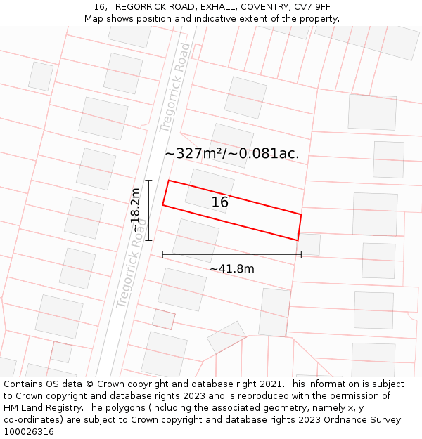 16, TREGORRICK ROAD, EXHALL, COVENTRY, CV7 9FF: Plot and title map