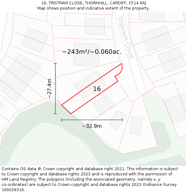16, TRISTRAM CLOSE, THORNHILL, CARDIFF, CF14 9AJ: Plot and title map