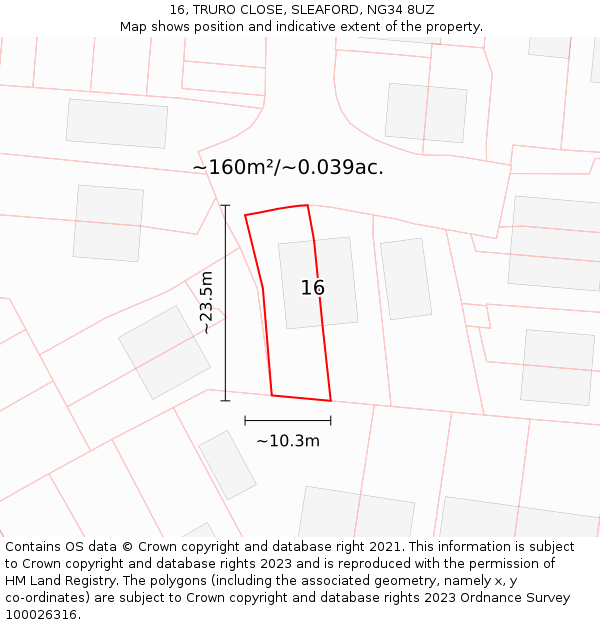 16, TRURO CLOSE, SLEAFORD, NG34 8UZ: Plot and title map