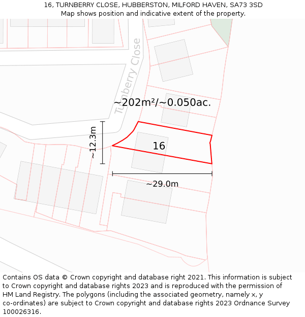 16, TURNBERRY CLOSE, HUBBERSTON, MILFORD HAVEN, SA73 3SD: Plot and title map