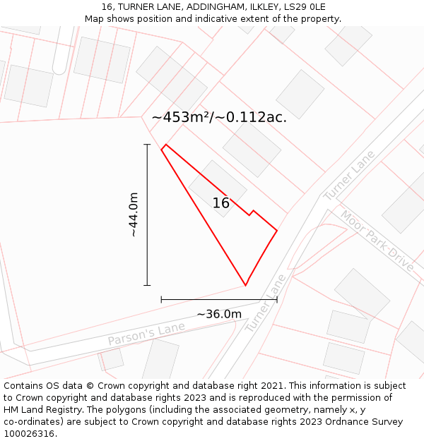 16, TURNER LANE, ADDINGHAM, ILKLEY, LS29 0LE: Plot and title map