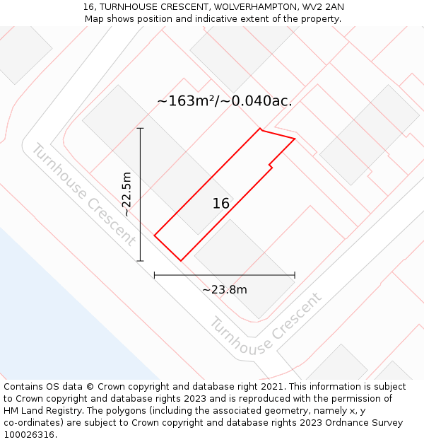 16, TURNHOUSE CRESCENT, WOLVERHAMPTON, WV2 2AN: Plot and title map