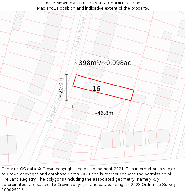 16, TY MAWR AVENUE, RUMNEY, CARDIFF, CF3 3AF: Plot and title map