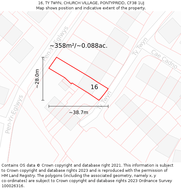 16, TY TWYN, CHURCH VILLAGE, PONTYPRIDD, CF38 1UJ: Plot and title map