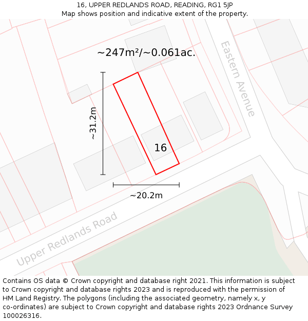 16, UPPER REDLANDS ROAD, READING, RG1 5JP: Plot and title map