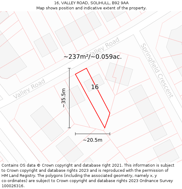 16, VALLEY ROAD, SOLIHULL, B92 9AA: Plot and title map