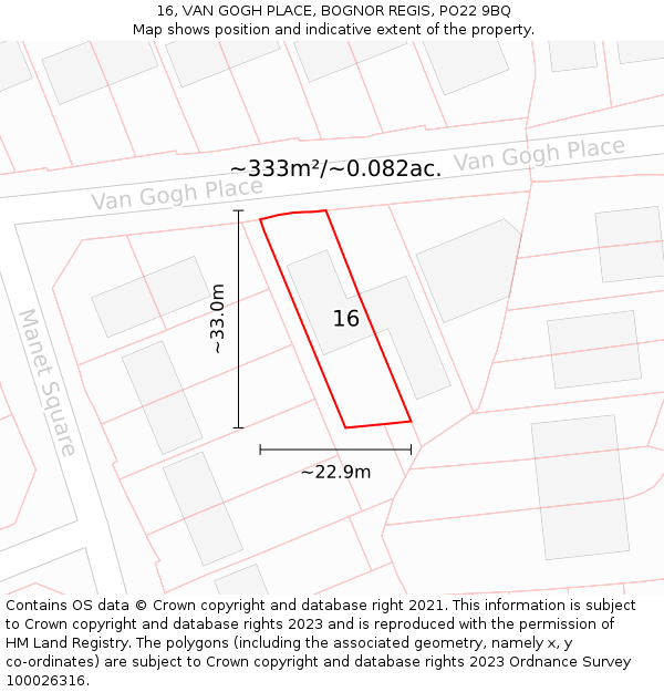 16, VAN GOGH PLACE, BOGNOR REGIS, PO22 9BQ: Plot and title map