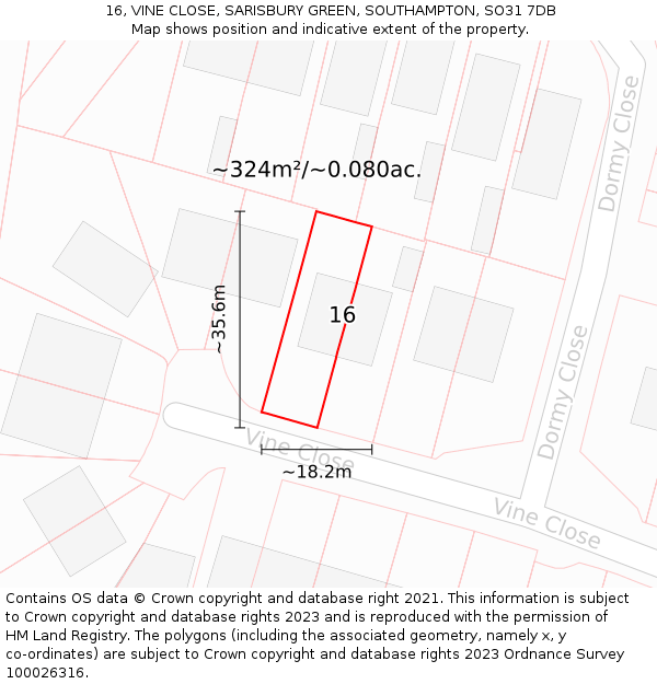 16, VINE CLOSE, SARISBURY GREEN, SOUTHAMPTON, SO31 7DB: Plot and title map