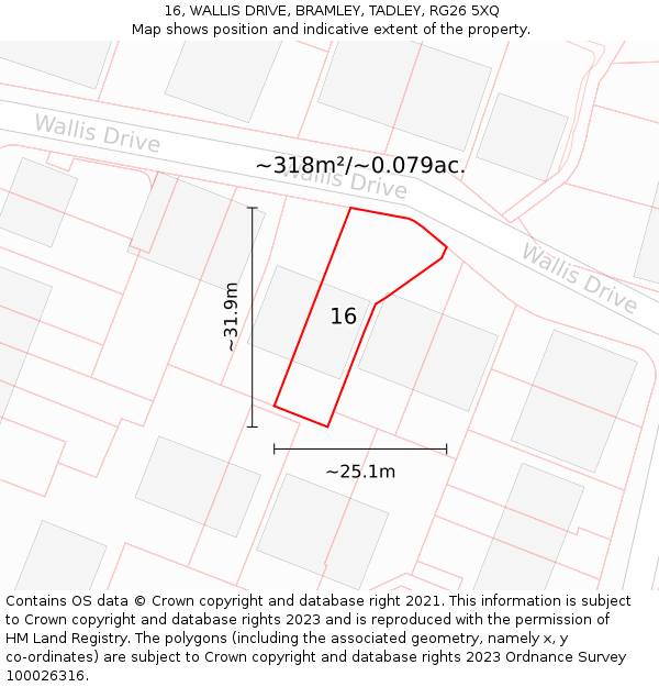 16, WALLIS DRIVE, BRAMLEY, TADLEY, RG26 5XQ: Plot and title map