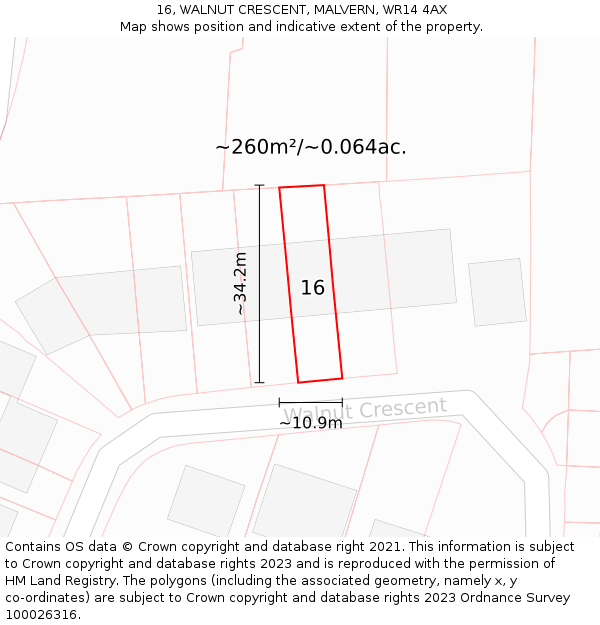 16, WALNUT CRESCENT, MALVERN, WR14 4AX: Plot and title map