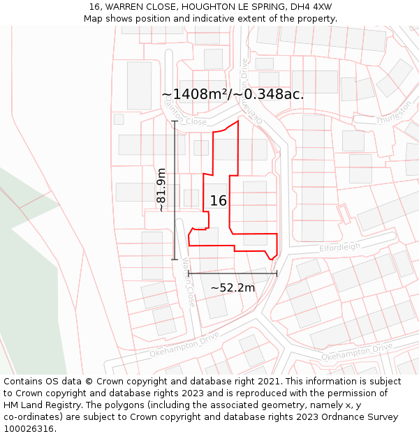 16, WARREN CLOSE, HOUGHTON LE SPRING, DH4 4XW: Plot and title map