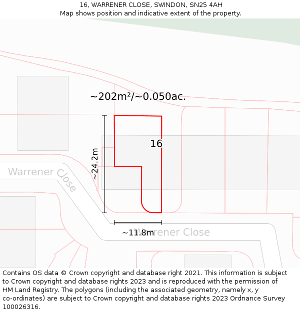 16, WARRENER CLOSE, SWINDON, SN25 4AH: Plot and title map