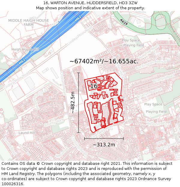 16, WARTON AVENUE, HUDDERSFIELD, HD3 3ZW: Plot and title map