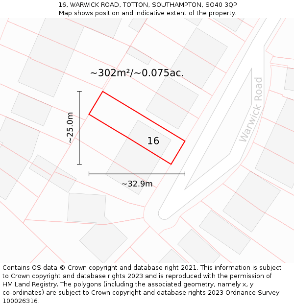 16, WARWICK ROAD, TOTTON, SOUTHAMPTON, SO40 3QP: Plot and title map