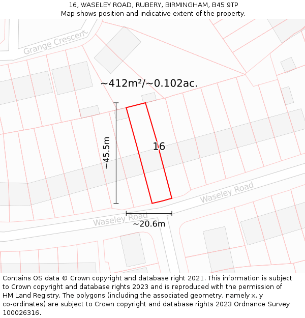 16, WASELEY ROAD, RUBERY, BIRMINGHAM, B45 9TP: Plot and title map