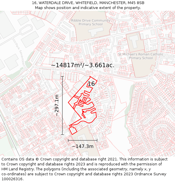 16, WATERDALE DRIVE, WHITEFIELD, MANCHESTER, M45 8SB: Plot and title map