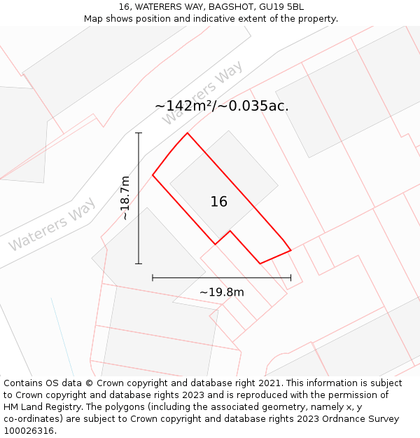 16, WATERERS WAY, BAGSHOT, GU19 5BL: Plot and title map