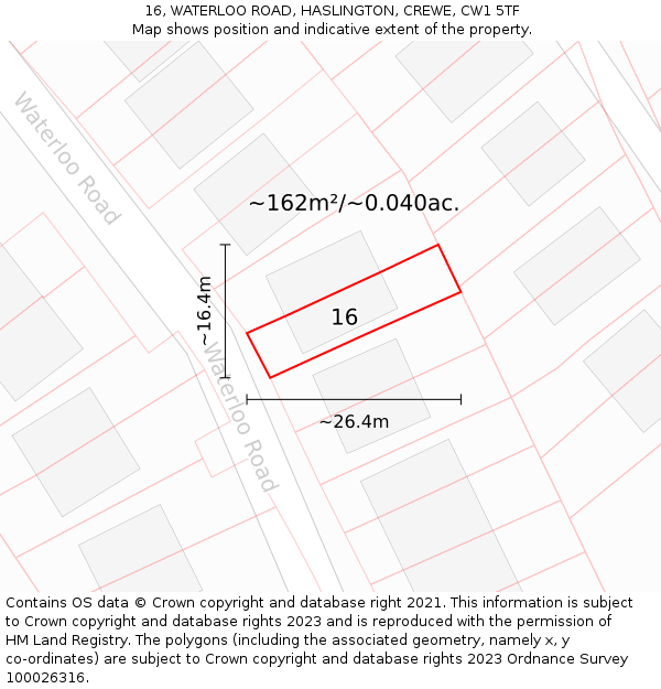 16, WATERLOO ROAD, HASLINGTON, CREWE, CW1 5TF: Plot and title map