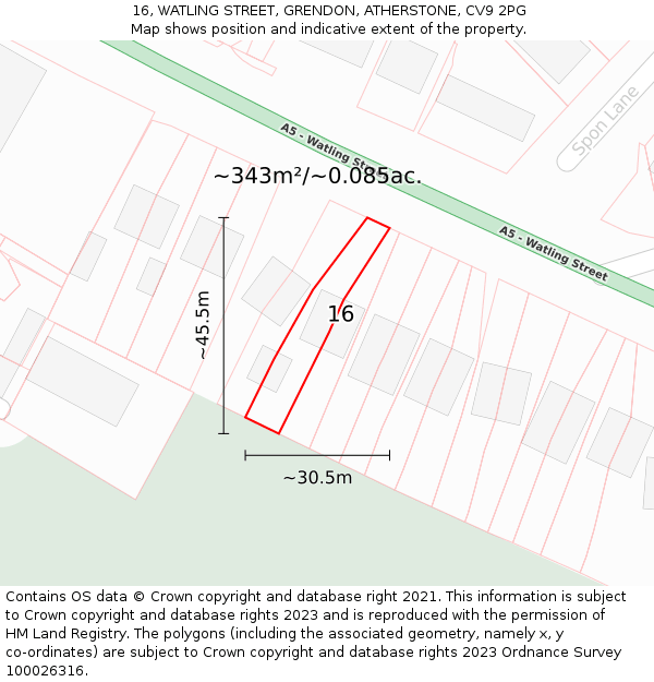 16, WATLING STREET, GRENDON, ATHERSTONE, CV9 2PG: Plot and title map