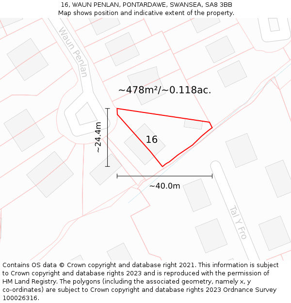 16, WAUN PENLAN, PONTARDAWE, SWANSEA, SA8 3BB: Plot and title map