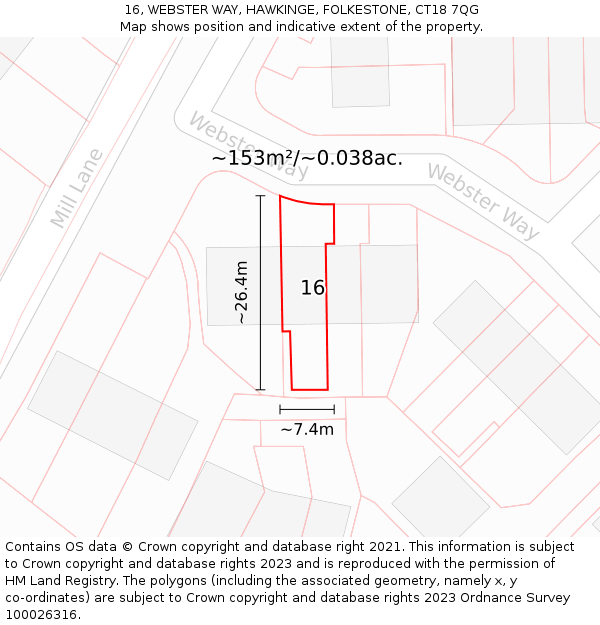 16, WEBSTER WAY, HAWKINGE, FOLKESTONE, CT18 7QG: Plot and title map