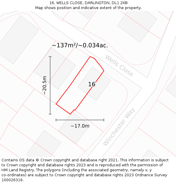 16, WELLS CLOSE, DARLINGTON, DL1 2XB: Plot and title map