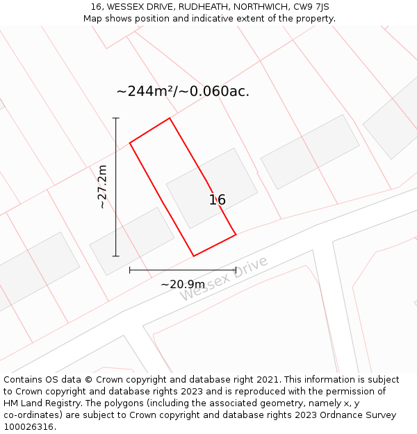 16, WESSEX DRIVE, RUDHEATH, NORTHWICH, CW9 7JS: Plot and title map
