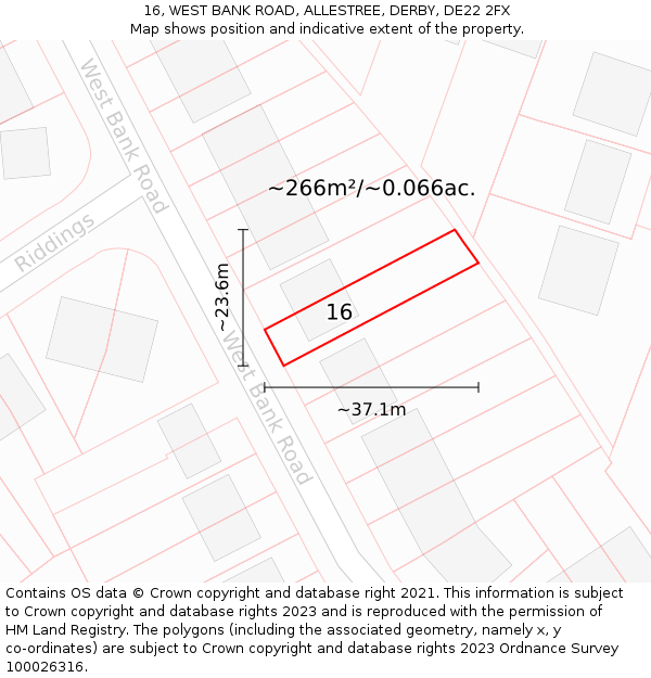 16, WEST BANK ROAD, ALLESTREE, DERBY, DE22 2FX: Plot and title map