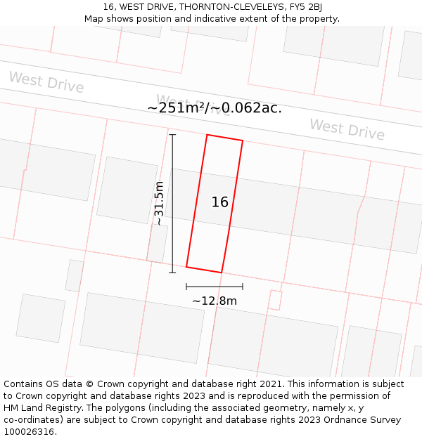 16, WEST DRIVE, THORNTON-CLEVELEYS, FY5 2BJ: Plot and title map