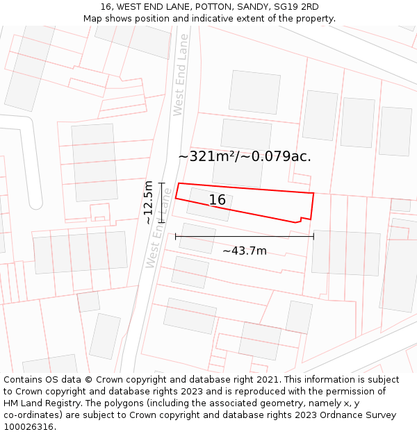 16, WEST END LANE, POTTON, SANDY, SG19 2RD: Plot and title map