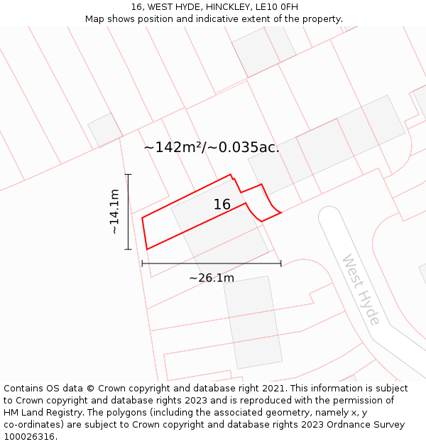 16, WEST HYDE, HINCKLEY, LE10 0FH: Plot and title map