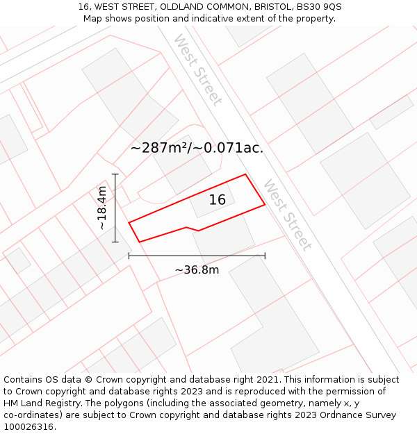 16, WEST STREET, OLDLAND COMMON, BRISTOL, BS30 9QS: Plot and title map