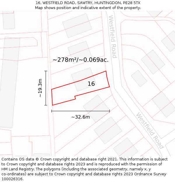 16, WESTFIELD ROAD, SAWTRY, HUNTINGDON, PE28 5TX: Plot and title map