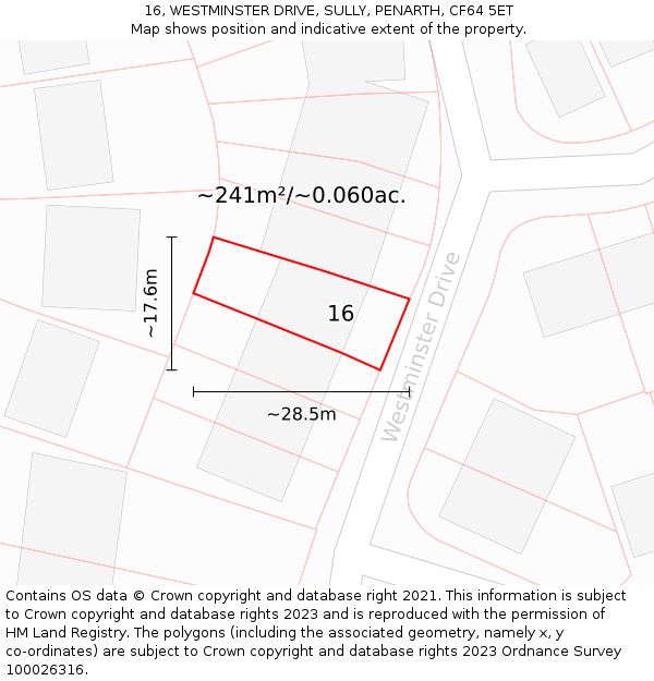 16, WESTMINSTER DRIVE, SULLY, PENARTH, CF64 5ET: Plot and title map