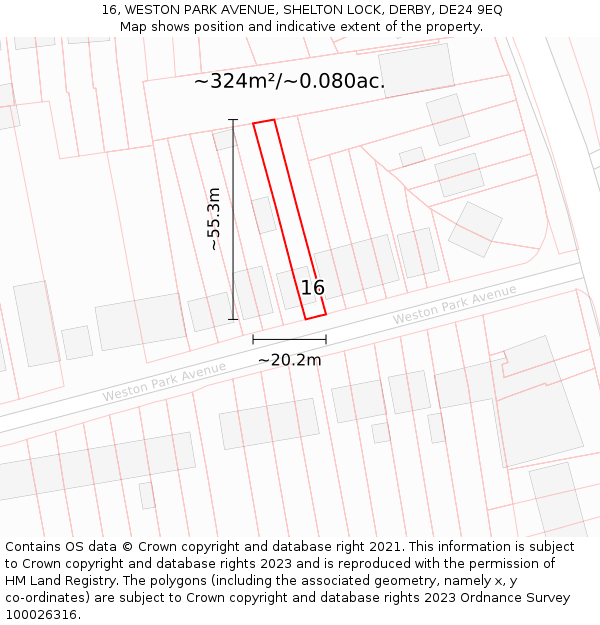 16, WESTON PARK AVENUE, SHELTON LOCK, DERBY, DE24 9EQ: Plot and title map