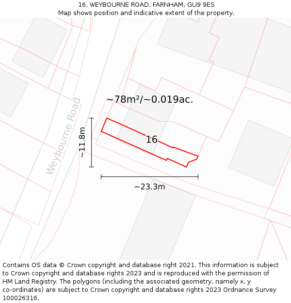 16, WEYBOURNE ROAD, FARNHAM, GU9 9ES: Plot and title map