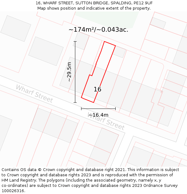 16, WHARF STREET, SUTTON BRIDGE, SPALDING, PE12 9UF: Plot and title map